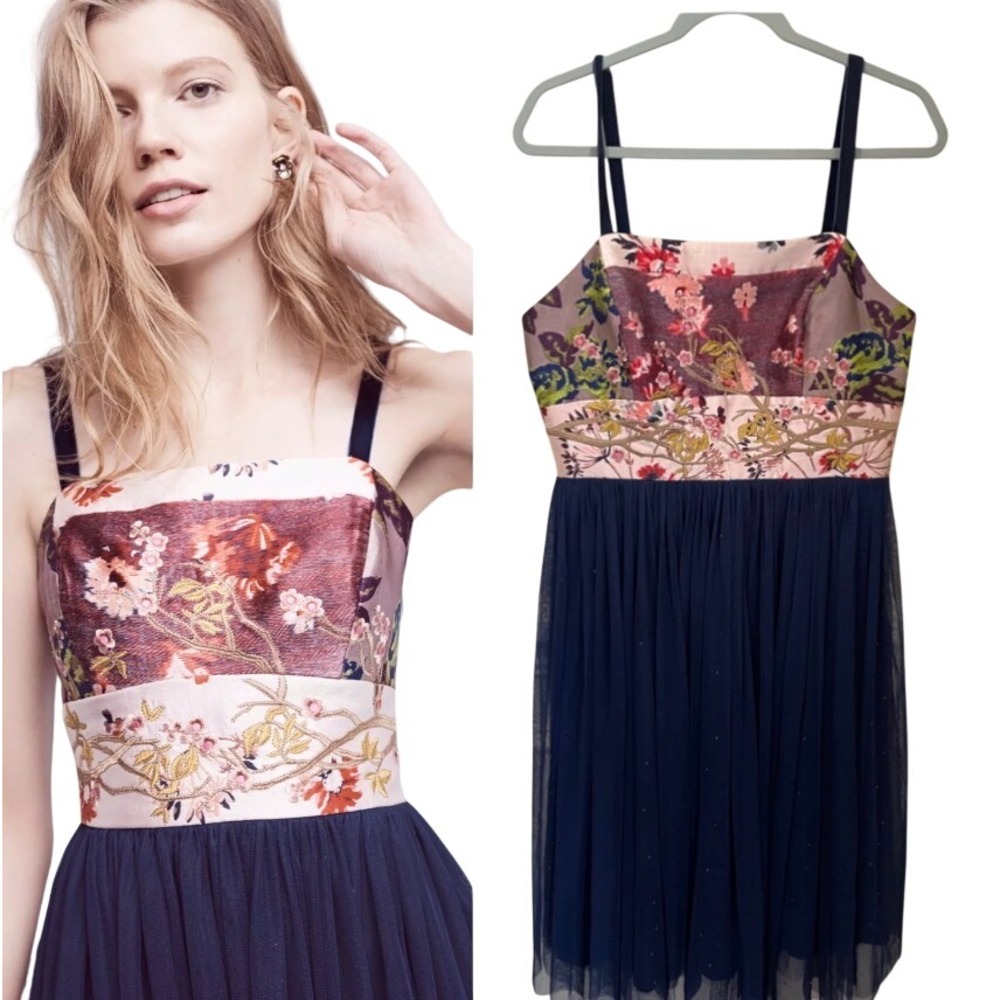 Moulinette Soeurs Anthropologie Size 12 Tulle Skirted Floral Brocade Dress